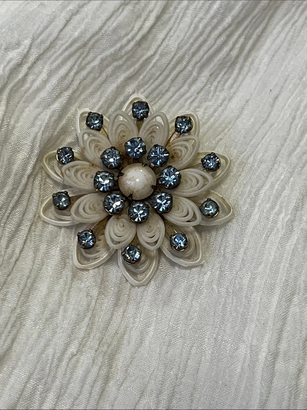 Antique Cream Floral Brooch with Blue Rhinestones